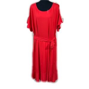 Loft Plus Red Flutter Sleeve Tie Belt Flowy Midi Dress Size 24